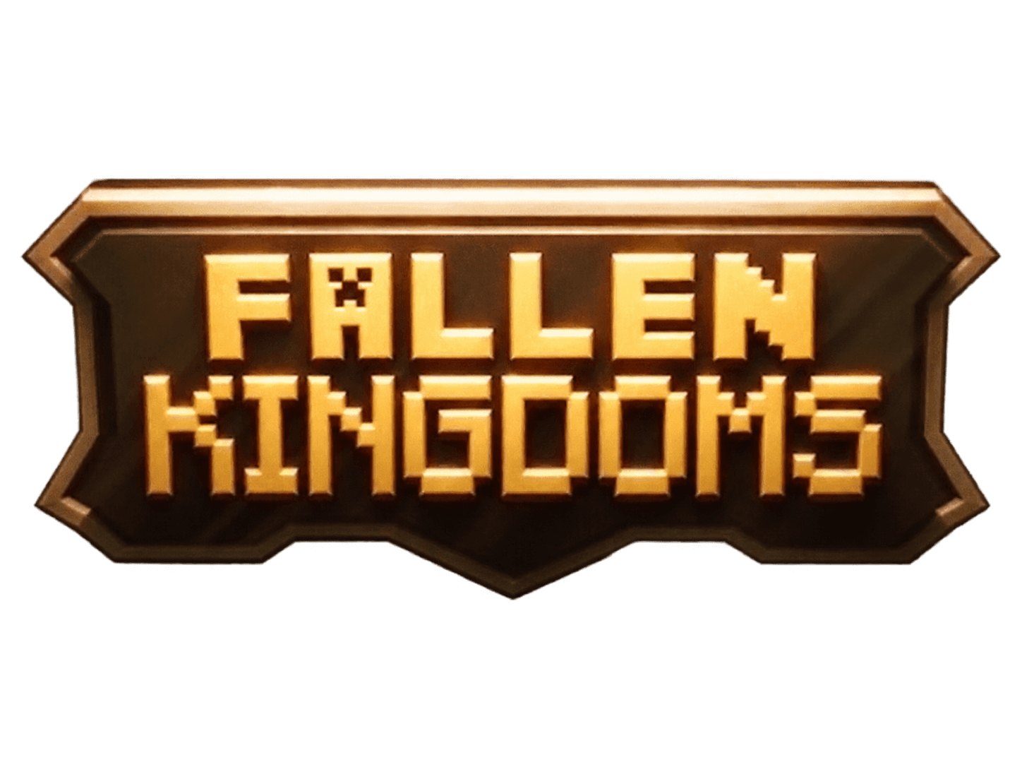 Logo Fallen Kingdoms : lettres dorées pixelisées sur un écusson de bronze